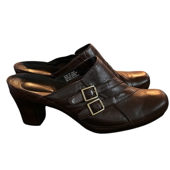Clarks•Dark Brown Leather Double Buckle Mule Clogs - Picture 1 of 6